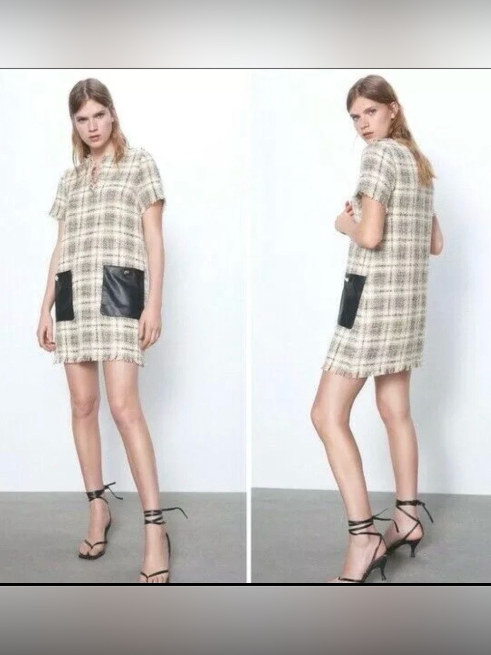 Zara Beige Plaid Mini Dress with Black Pocket Accents
